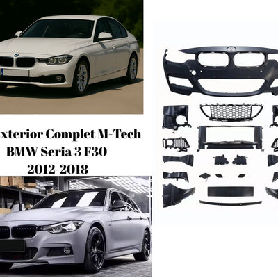 Comparație vizuală între BMW F30 în varianta de fabrică și cu kit exterior complet M-Tech instalat – imagine colaj cu mașină albă stock și mașină gri cu upgrade sport M-Tech.