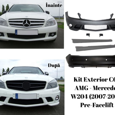 Transformare vizuală față Mercedes W204 înainte și după montarea kitului exterior AMG C63 (2007-2011).