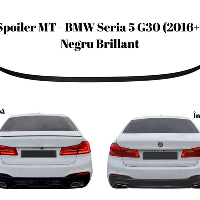 Imagine comparativă cu BMW Seria 5 G30 (2016+) înainte și după montarea spoilerului MT Look negru lucios. Vizual evidențiat efectul sportiv și upgrade-ul estetic.
