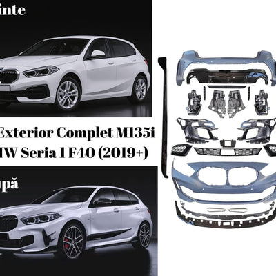 Comparație vizuală față a unui BMW Seria 1 F40 (2019+) înainte și după montarea kitului exterior M135i, evidențiind upgrade-ul sportiv cu bară față, grilă redesenată și praguri aerodinamice.