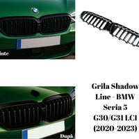 Imagine frontală cu grila Shadow Line negru lucios montată pe un BMW Seria 5 G30 LCI (facelift). Ilustrează perfect upgrade-ul estetic sportiv adus de grila aftermarket. Poza evidențiază forma și integrarea armonioasă a grilei cu bara față și blocurile optice LED.