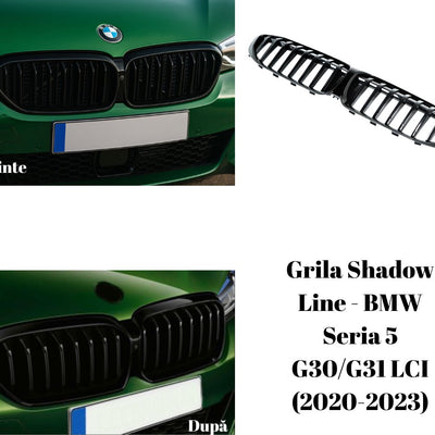 Imagine compusă cu fotografii comparative „înainte și după” montajul grilei Shadow Line pe un BMW Seria 5 G30 facelift. Oferă o perspectivă clară asupra transformării vizuale obținute prin această piesă aftermarket premium.