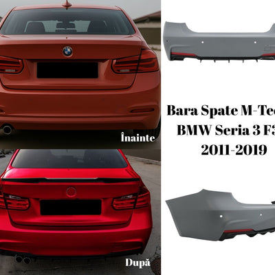 Comparație vizuală între look-ul original al BMW F30 și versiunea personalizată cu bară spate M-Tech – upgrade vizual sportiv.