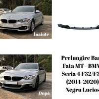 Imagine frontală cu prelungirea pentru bară față MT Look negru lucios, compatibilă cu BMW Seria 4 F32/F36, prezentată pe fundal alb