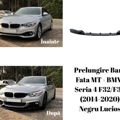 Colaj înainte și după montarea prelungirii MT Look pe bară față BMW F32/F36 – evidențiază modificarea estetică sportivă