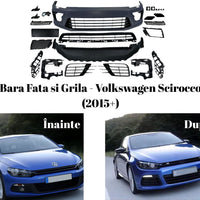 Pachet complet bară față și grilă sport aftermarket compatibil cu Volkswagen Scirocco 2015+, conține toate piesele necesare pentru upgrade estetic.