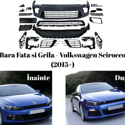 Transformare estetică Volkswagen Scirocco 2015+ – colaj cu poze înainte și după instalarea barei față sport și grilei, plus kit complet în partea superioară.