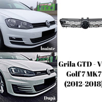Prim-plan grilă sport GTD pentru VW Golf 7 MK7, cu design hexagonal și spațiu central pentru emblemă.