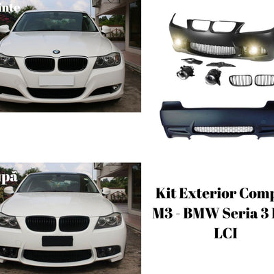 Transformare completă BMW E90 LCI cu kit caroserie M3 Design – imagini înainte/după și conținutul pachetului