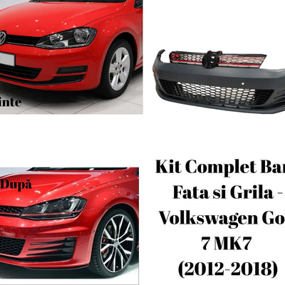 Colaj comparativ Volkswagen Golf 7 MK7 roșu înainte și după instalarea barei față R400 cu grilă sport