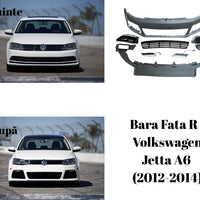 Imagine detaliată cu toate componentele incluse în kitul de bară față R pentru VW Jetta A6: bară față, grile centrale și laterale, lumini de zi LED și difuzor inferior. Produs aftermarket, pregătit pentru vopsire.