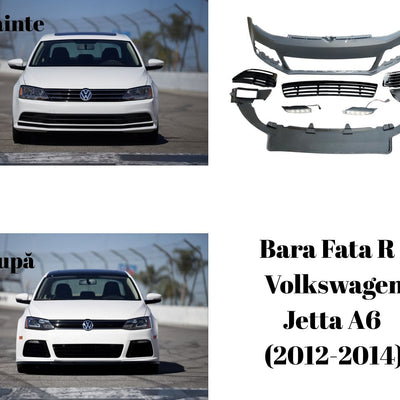 Colaj comparativ între versiunea standard de fabrică și modelul cu bară față R Design. Modificare estetică vizibilă pentru Volkswagen Jetta A6, potrivită pentru tuning cu look agresiv.