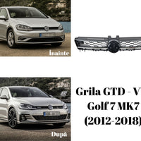 Prim-plan grilă sport GTD pentru VW Golf 7 MK7, cu design hexagonal și spațiu central pentru emblemă.