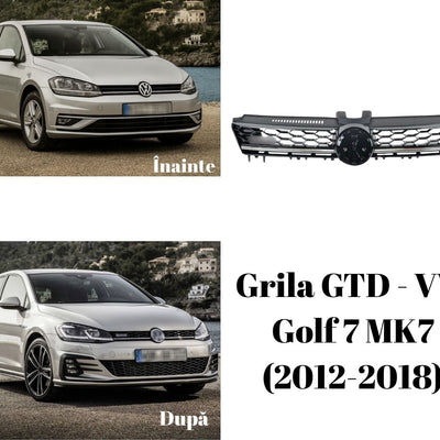 Fotografie comparativă grilă originală vs. grilă GTD pe VW Golf 7 MK7 (2012–2018), vedere frontală completă.