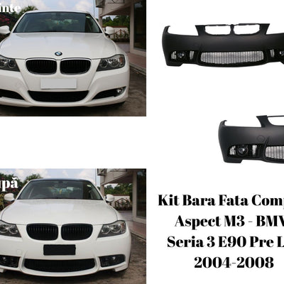 Transformare frontală BMW E90 Pre LCI cu bară față M3 – imagini înainte/după și prezentare produs lateral