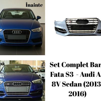 Colaj comparativ cu montaj bară față S3 pe Audi A3 8V Sedan. Transformare estetică sportivă între varianta standard și look S3.
