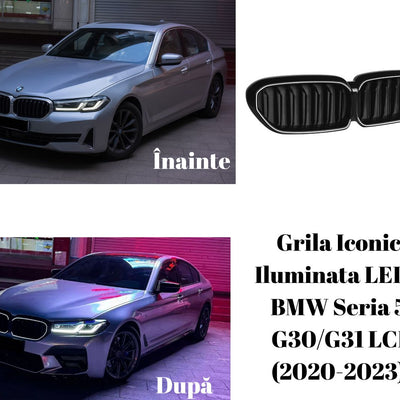Colaj cu transformarea estetică a BMW Seria 5 G30/G31 LCI (2020–2023) înainte și după instalarea grilei frontale LED Iconic, alături de imaginea piesei detașate