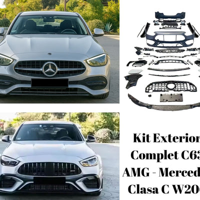 Colaj comparativ între modelul Mercedes Clasa C W206 în varianta de fabrică și versiunea cu upgrade C63 AMG instalat, evidențiind diferențele estetice majore