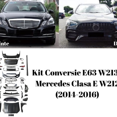 Transformare frontală completă Mercedes E W212 cu kit conversie E63 W213 – look sportiv modern, inspirat din designul actual AMG.