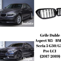 Imagine frontală cu grilele auto duble M5 Look pentru BMW G30/G31. Design sport full black, plastic ABS durabil.