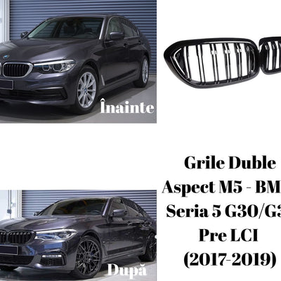 Colaj „înainte și după” ce arată transformarea estetică prin montajul grilelor duble M5 pe BMW Seria 5 G30/G31 (2017–2019).