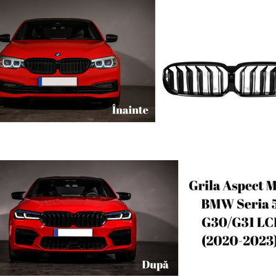 Imagine comparativă: înainte și după instalarea grilei M5 Look pe un BMW G30/G31 LCI. Transformare estetică sportivă și elegantă.