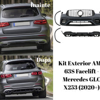 Kit exterior complet AMG 63S pentru Mercedes GLC X253 2020+, include bare față/spate, grilă, ornamente evacuare și prelungiri aripi.