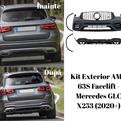 Transformare estetică Mercedes GLC X253 cu kit exterior AMG 63S – comparație vizuală înainte și după instalare.