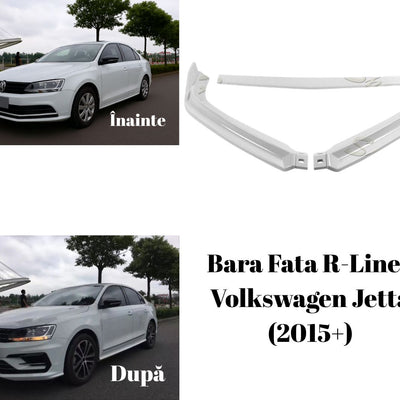Colaj comparativ între look-ul original și cel modificat cu splitter față R-Line montat pe VW Jetta 2015+. Evidențiază transformarea vizuală și estetica sport. Produs aftermarket.