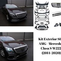 Kit exterior complet S63 AMG pentru Mercedes Clasa S W222, compus din bară față, bară spate, grilă, ornamente evacuare, praguri și elemente suport.