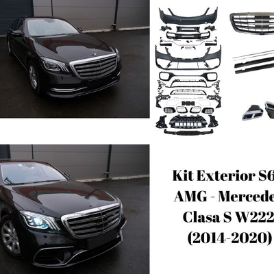 Comparație vizuală Mercedes S-Class W222 înainte și după montaj kit exterior S63 AMG pentru upgrade de look complet.