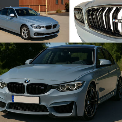 Colaj cu un BMW Seria 3 F30 în varianta standard (stock) și după montajul barei față M3 Style. Vedere frontală și detaliu grilă, evidențiind upgrade-ul estetic sportiv și compatibilitatea perfectă