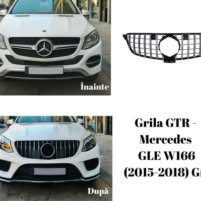 Colaj cu Mercedes GLE W166 (2015–2018) înainte și după montarea grilei GTR Look, evidențiind transformarea estetică.
