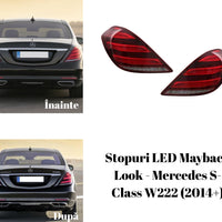 Imagine frontală pe fundal alb cu setul complet de stopuri LED inspirate din designul Maybach, compatibile cu Mercedes-Benz S-Class W222 (2014+). Iluminare secvențială, design elegant, upgrade estetic și funcțional de top. Ideal pentru tuning premium.