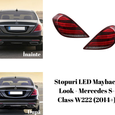 Imagine comparativă „înainte vs după” cu montajul stopurilor LED Maybach Look pe Mercedes S-Class W222. Vedere spate, evidențiind diferența vizuală și impactul estetic. Soluție aftermarket elegantă și modernă pentru upgrade exterior.

