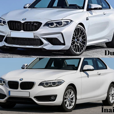 Transformare completă a BMW Seria 1 F20/F21 – imagine comparativă înainte și după instalarea barei față M2 Competition