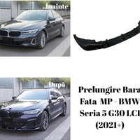 Prelungire bară față MP Look din ABS negru lucios, vedere frontală produs detașat, compatibil cu BMW Seria 5 G30 LCI facelift (2021+), stil sport.