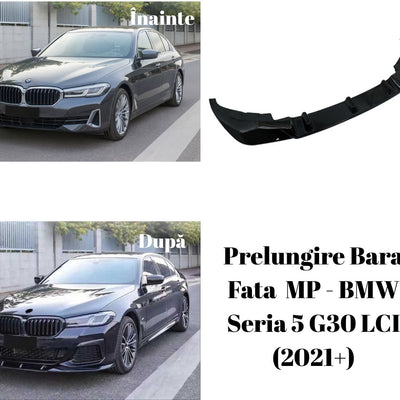 Transformare estetică BMW Seria 5 G30 LCI 2021+: comparație vizuală înainte și după montajul splitterului frontal MP Look gloss black.