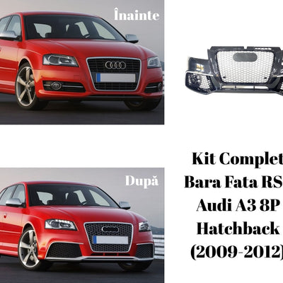 Colaj comparativ cu Audi A3 8P Hatchback (2009–2012) înainte și după instalarea barei față RS3 – upgrade estetic vizibil.