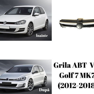Colaj cu VW Golf 7 MK7 alb, imagine înainte cu grila originală și imagine după cu grila ABT aftermarket sport, din plastic ABS.