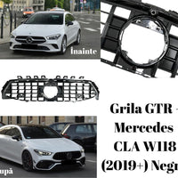 Grilă GTR Mercedes CLA W118 (2019+), fotografie frontală pe fundal alb, design sportiv cu finisaj negru lucios.