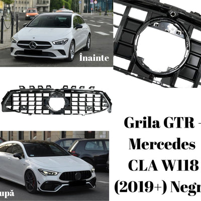 Colaj comparativ cu Mercedes CLA W118 (2019+) înainte cu grilă OEM și după montarea grilei GTR negre aftermarket, evidențiind upgrade-ul estetic.