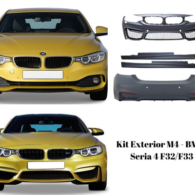 Comparație vizuală a BMW F32 înainte și după instalarea kitului exterior M4 Look – efect sportiv vizibil.