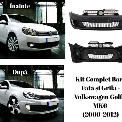 Imagine comparativă cu Volkswagen Golf 6 MK6 înainte și după montajul kitului de bară față și grilă GTI, pentru evidențierea diferențelor de design