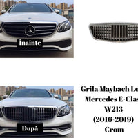 Grilă frontală Maybach Look crom pentru Mercedes-Benz E-Class W213 (2016–2019), imagine din față, stil premium, material ABS rezistent cu finisaj crom.