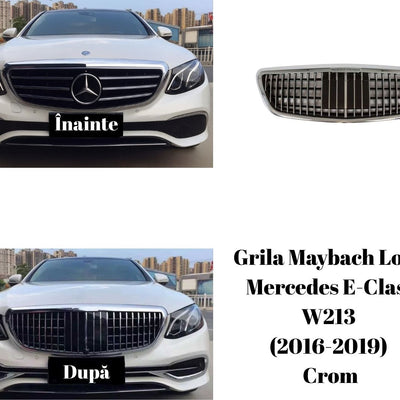 Mercedes-Benz E-Class W213 alb (2016–2019) cu grila standard și apoi cu grila Maybach Look crom, vedere frontală pentru evidențierea diferenței de stil.