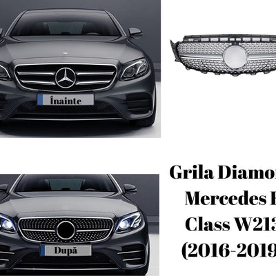 Colaj comparativ Mercedes E-Class W213 (2016-2019), imagine înainte și după instalarea grilei Diamond aftermarket.
