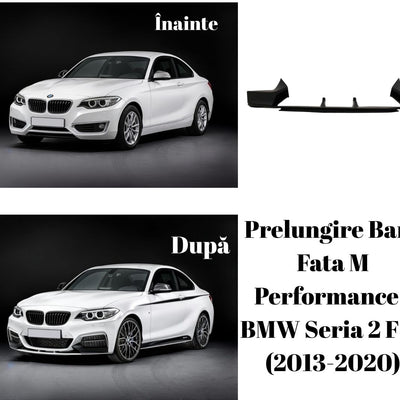 Imagine comparativă înainte și după montaj a splitterului bară față M Performance pe BMW Seria 2 F22 (2013–2020), efect sportiv vizibil.