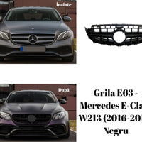 Grilă E63 Look neagră pentru Mercedes E-Class W213, fabricată din ABS de calitate, vedere frontală completă pe fundal alb.