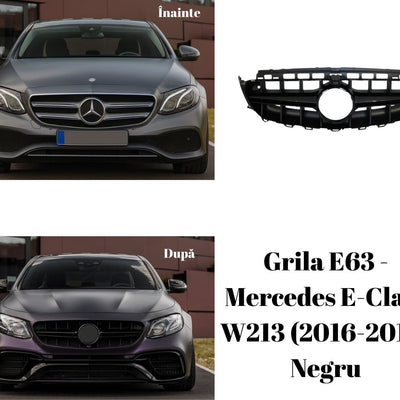 Imagine comparativă cu Mercedes E-Class W213 înainte și după instalarea grilei E63 Look negre, stil sportiv premium.